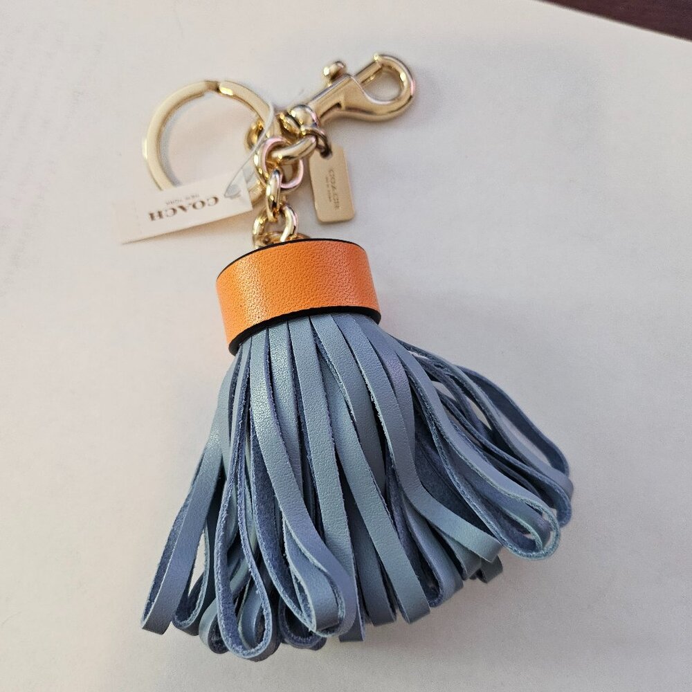 COACH LEATHER TASSEL KEY FOB KEYRING KEYCHAIN BLUE
